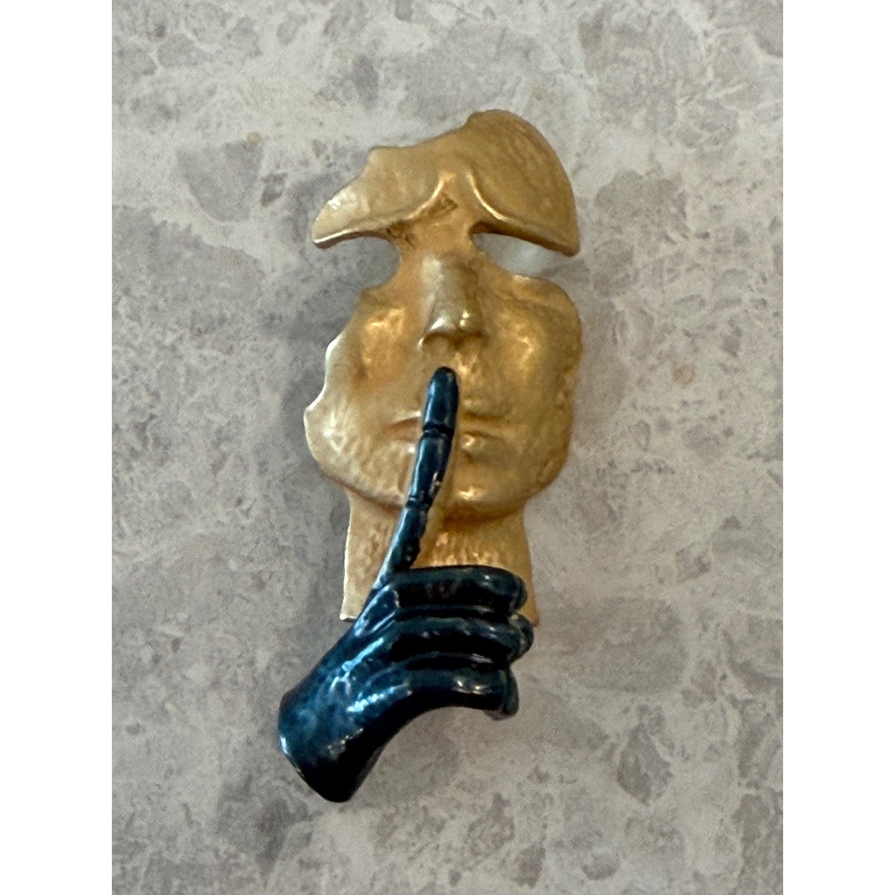 Vintage Surrealist Hush Silence Face Brooch Gold Tone Blue Hand Statement Pin